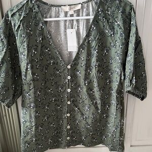 LOFT Olive Floral V-Neck Blouse